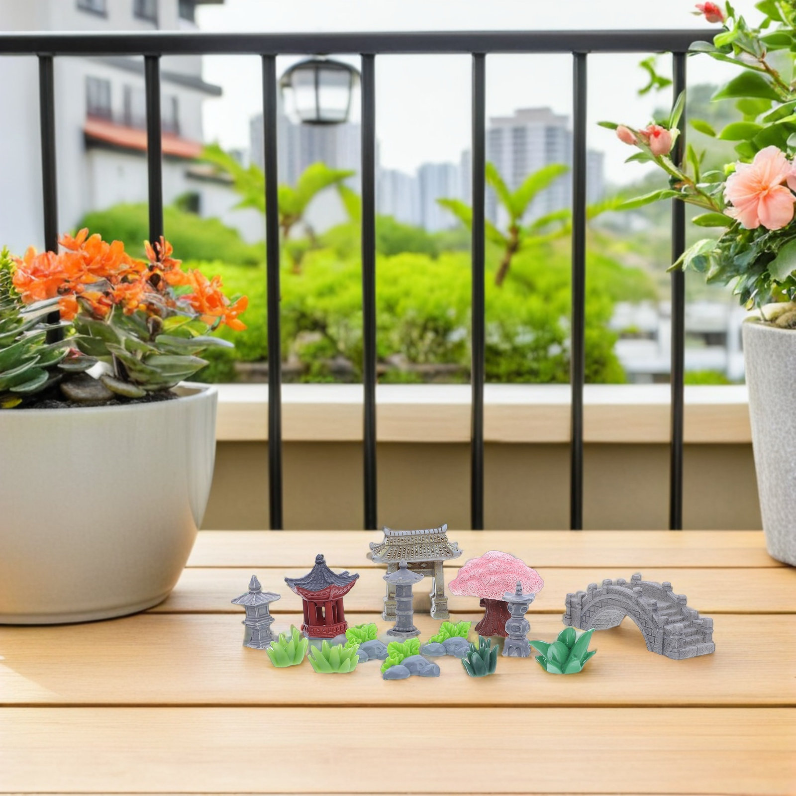 Bonsai Garden For Desk - ชุดตกแต่งสวนจิ๋วเรซิน 1 ชุด สะพานหินจำลอง ศาลา ต้นบอนไซ